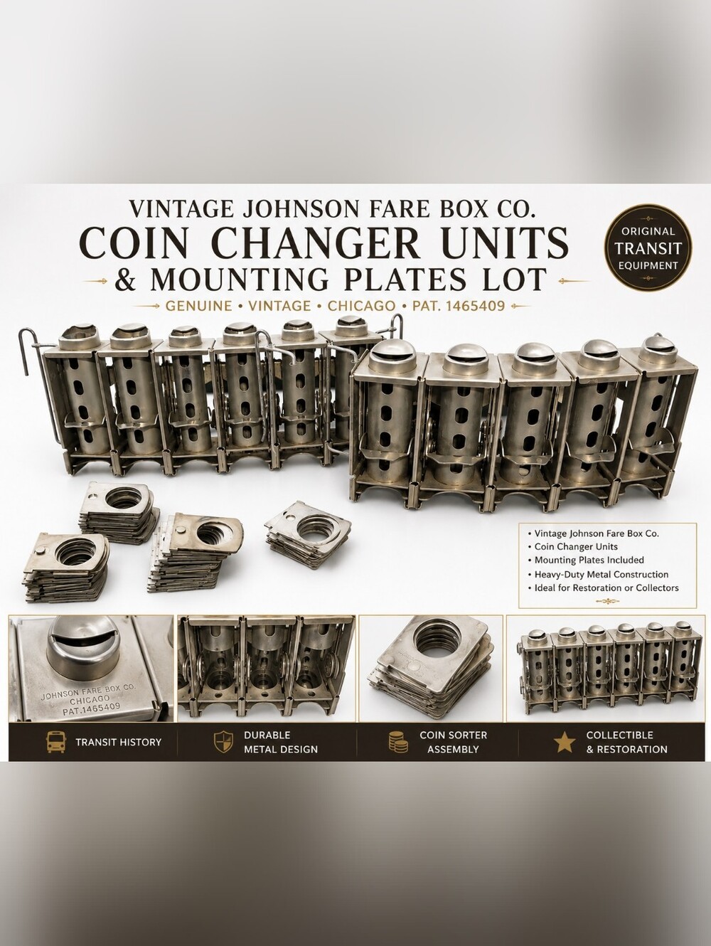 Vintage Johnson Fare Box Co. Chicago Coin Changer Units 10x5 Mounting Plates Lot